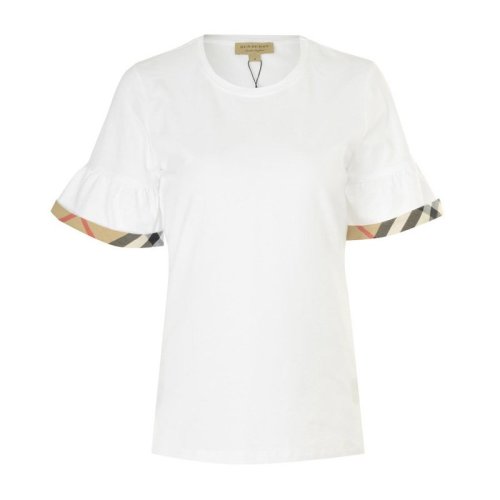 BURBERRY/博柏利 20春夏 女裝 服飾  白色經典條紋袖口棉質混紡圓領女士短袖T恤格紋飾邊