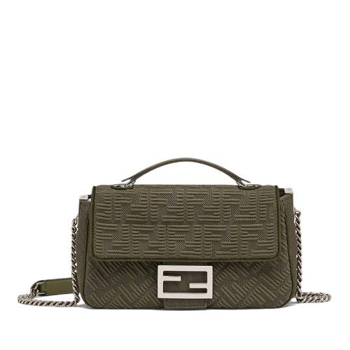 FENDI/芬迪 BAGUETTE系列 女士綠色FF圖案布料復古銀色金屬飾面單肩斜挎鏈條法棍包8BR793AHW5F1F2L