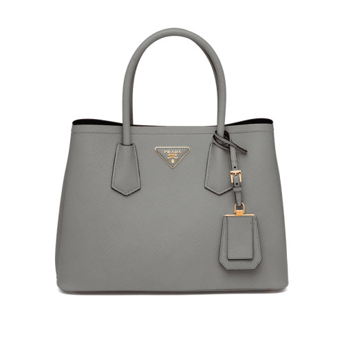 PRADA/普拉達 22新款 double系列 女士石板灰色saffiano十字紋皮革拆卸吊飾金色標志雙皮手柄手提斜挎包1BG887_2A4A_F01T3_V_OOO
