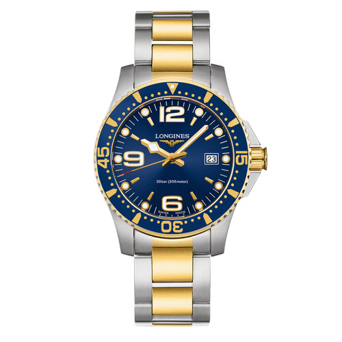 LONGINES/浪琴  康卡斯?jié)撍盗?石英表藍(lán)盤精鋼黃色PVD表殼表帶男表41毫米L3.740.3.96.7