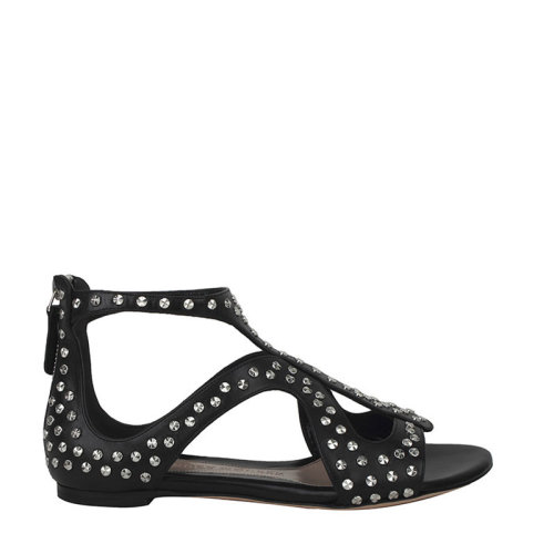 Alexander McQueen/亞歷山大麥昆 女鞋 女士黑色鉚釘經典時尚平跟涼鞋 508296WHMU01000