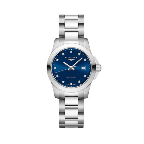 LONGINES/浪琴  康卡斯系列精鋼藍色表盤刻度鑲鉆女士石英機芯腕表29.50毫米L3.376.4.97.6