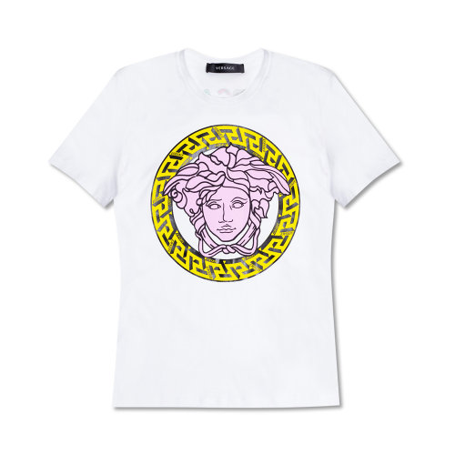 VERSACE/范思哲 女士白色棉質(zhì)彩色徽標裝飾圓領短袖上衣T恤 1004154-1A00769-2W070