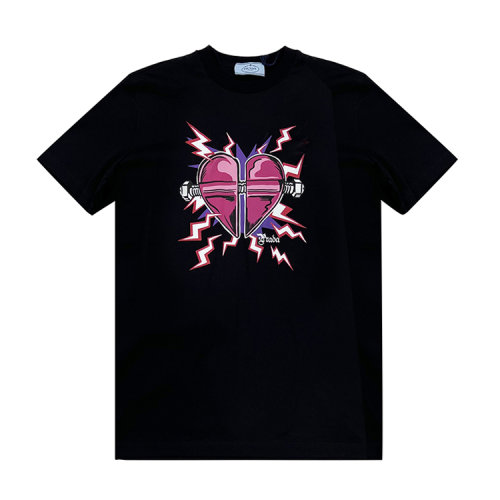 PRADA/普拉達  圓領 女性 印花 黑色 女士短袖T恤 35838.1U3F_D2P NERO+FUXIA