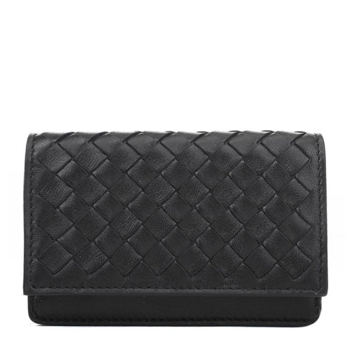 Bottega Veneta/葆蝶家 女士黑色羊皮編織按扣開(kāi)合卡夾卡包錢(qián)包女包 133945-V001U-1000