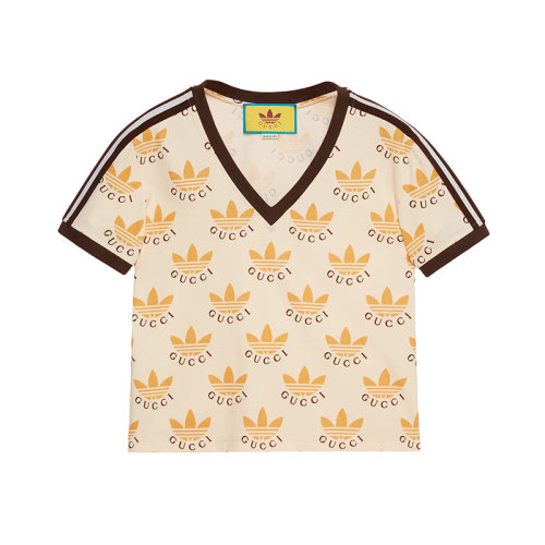 GUCCI/古馳 22年秋冬新款 adidas聯(lián)名系列 女士象牙白色純棉聯(lián)名Logo老花圖案V領短袖T恤?693539XJEBY9039