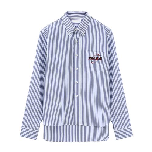 PRADA/普拉達 藏藍色 男士品牌標識印花條紋長袖襯衫 UCN274_1WD9_F0216_S_201