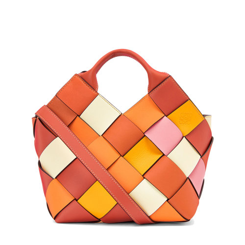 LOEWE/羅意威 22春夏新款Surplus系列 女士小號(hào)橙色拼色牛皮革編織單肩手提籃A521T32X21-9158
