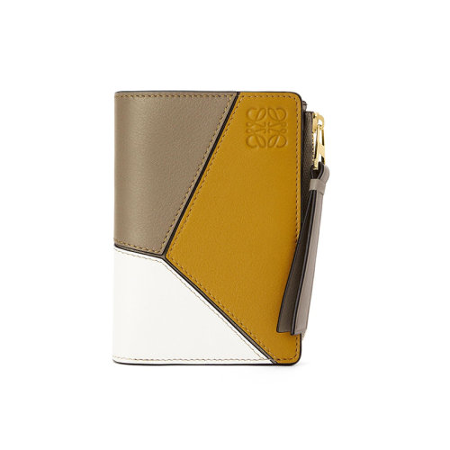 LOEWE/羅意威 22年新款Puzzle系列 女士月桂綠/赭石色/白色三色拼接牛皮革拉鏈開合雙折緊湊拼圖錢包C510P30X01-1855