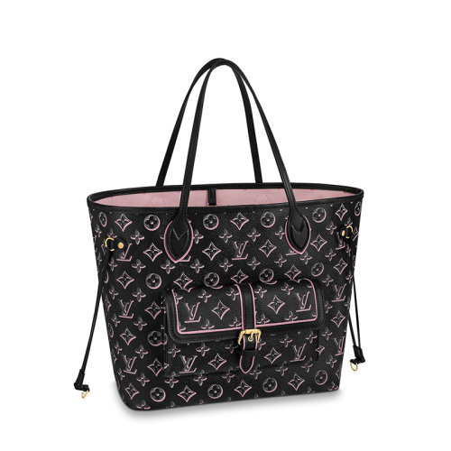 Louis Vuitton/路易威登 22新款NEVERFULL系列 女士中號(hào)黑色皮革飾粉色系老花壓紋單肩手提托特包M46137