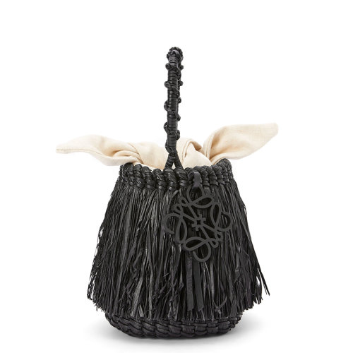 LOEWE/羅意威 22新款Frayed Bucket系列 女士小號黑色編織物配皮飾黑色徽標吊飾白色帆布內袋單肩手提水桶包A329C19X04-1100