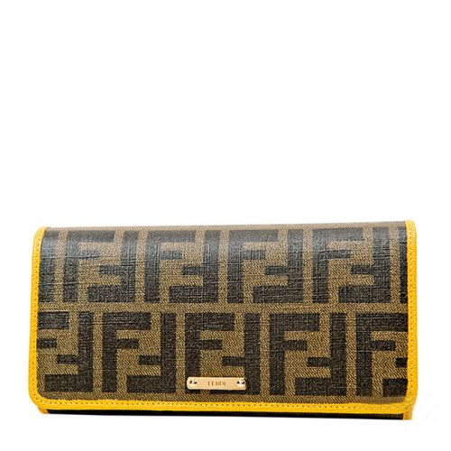 Fendi 芬迪 女士棕色黃邊字母LOGO長款錢夾錢包