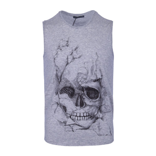 Alexander McQueen 亞歷山大·麥昆 女士 服裝  灰色無(wú)袖圓領(lǐng)骷髏頭圖案背心T恤 女士短袖T恤