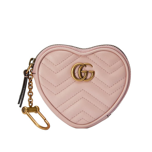 GUCCI/古馳 2022年新款GG Marmont系列 女士淺粉色絎縫皮革飾雙G標志內飾鑰匙鉤心形錢包699517DTDHT5909