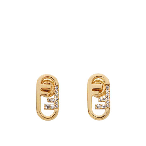 FENDI/芬迪  O’LOCK系列 金色金屬Fendi O'Lock圖案白色水晶耳環8AH320A44GF089U