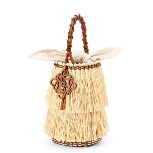 LOEWE/羅意威 22新款Fringe Bucket系列 女士原色/棕色酒椰纖維編織物配皮飾徽標吊飾單肩手提水桶包A329W68X01-2435