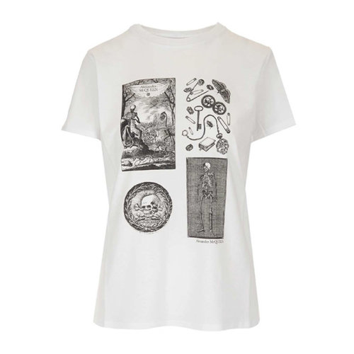 Alexander McQueen/亞歷山大麥昆 女士純色棉質骷髏骨架印花字母徽標圓領短袖T恤 651389QZACK0614