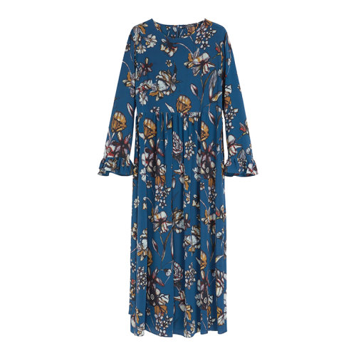 MaxMara/麥絲瑪拉 22年早春新款 TONIO系列 女士藍灰色真絲印花雙縐長款連衣裙9221202106001