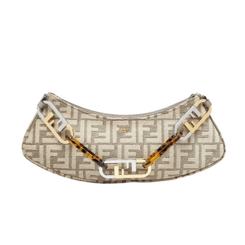 FENDI/芬迪 2022新款 O'Lock Swing系列 女士淺褐色織物配皮金色金屬手提斜挎包8BS068AL9QF1IQN