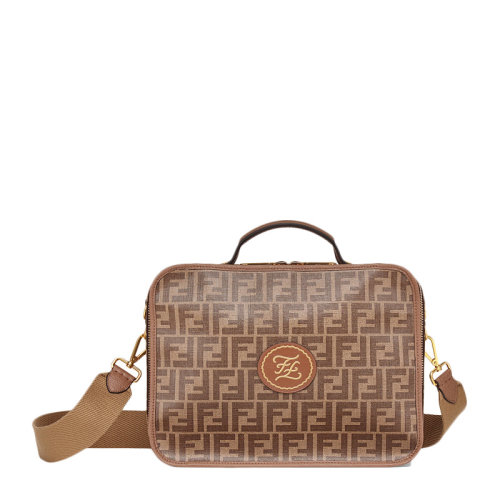 FENDI/芬迪 女士棕色PVC經(jīng)典雙F印花可拆卸肩帶手提包單肩包斜挎包小方包女包 7VV137-A8V4-F18AU
