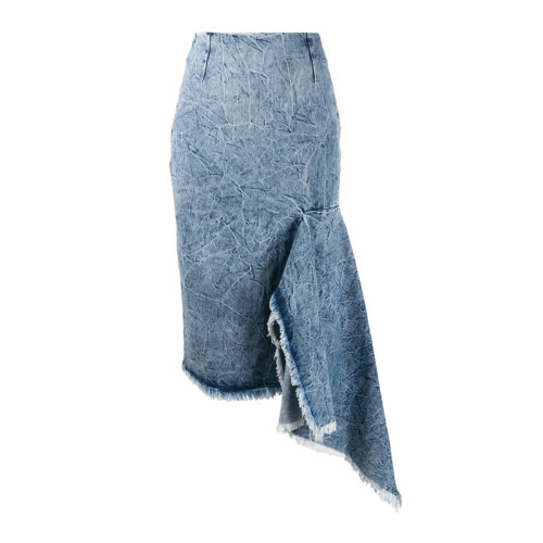 Balenciaga/巴黎世家 女士藍(lán)色棉質(zhì)荷葉邊紋理印花流蘇飾邊后拉鏈不對稱牛仔半身裙 571460-TEW36-8861