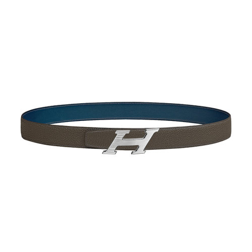 HERMES/愛馬仕新款 H Speed系列 男士普魯士藍/叢林綠荔枝紋皮革銀扣雙面腰帶32毫米H081085CB86/H073967CABD075