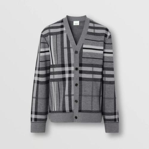  BURBERRY 22年秋冬 男士 格紋拼條紋裝飾羊毛提花開衫 80587441