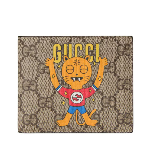 GUCCI/古馳 22新款 男女同款米色/烏木色老花帆布配皮飾小貓印花對折錢包451268U1GBG8679