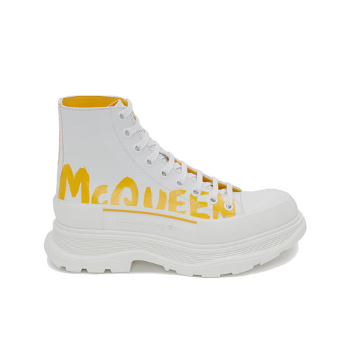 Alexander McQueen/亞歷山大麥昆 22年秋冬新款 Tread Slick系列 男士白色/黃色牛皮革撞色McQueen Graffiti印花高幫系帶鞋運(yùn)動(dòng)鞋711109WIAT6