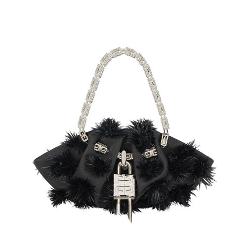 Givenchy/紀(jì)梵希 22新款 Kenny系列 女士黑色緞布羽毛磁性開(kāi)合拆卸掛鎖銀色立方鏈?zhǔn)直y色飾面金屬手提包BB50NTB1LA-001
