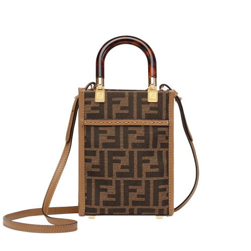 FENDI/芬迪 2022新款 sunshine系列 女士mini棕色提花面料金色金屬標志斜挎手提包8BS051ALVXF1GE3