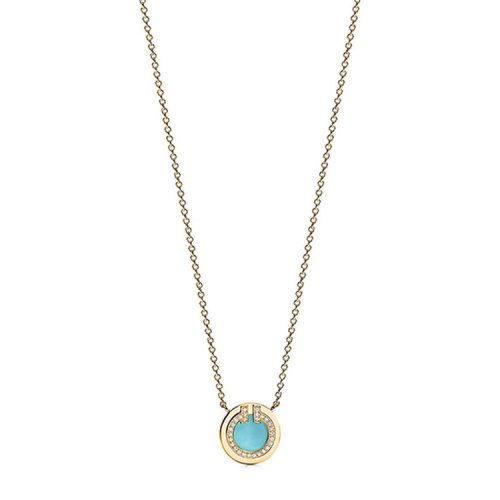 Tiffany & Co./蒂芙尼 經典Tiffany T系列 18K金黃金鑲嵌綠松石鉆石圓形吊墜項鏈67520602