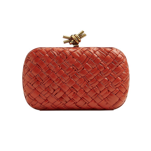 Bottega Veneta/葆蝶家 22新款 女士迷你紅色小牛皮帶褶皺Intrccio圖案磁性框架開(kāi)合黃銅飾面手拿包717622V2H416303