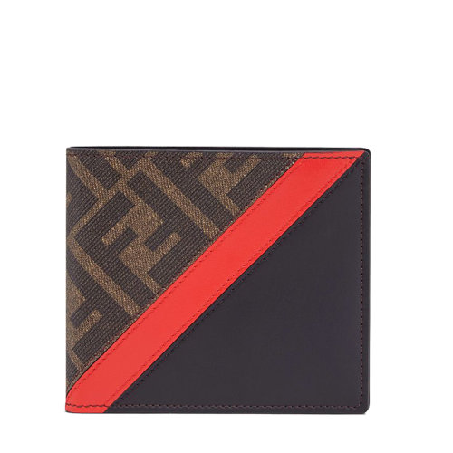 FENDI/芬迪  男士棕色FF提花織物黑色小牛皮紅色調雙折錢包7M0169A9XSF19P9