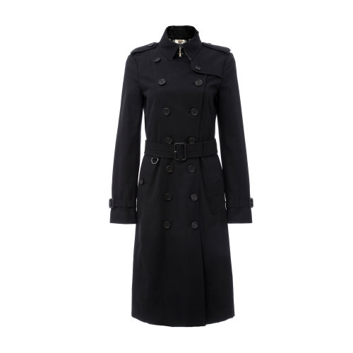純棉黑色雙排扣附腰帶女士長款風衣 BURBERRY/博柏利 巴寶莉 女士風衣 長款風衣