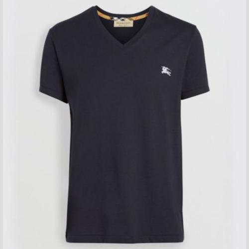 BURBERRY/博柏利 男士藏藍色V領短袖T恤 胸前白色戰馬刺繡標 80038331【奧萊】【倉內秒發】