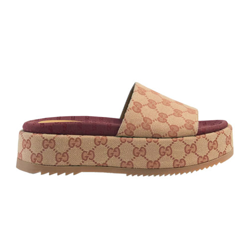 GUCCI/古馳 22秋冬新款 女士米色帆布磚紅色經(jīng)典GG圖案中跟涼拖573018KQW008366