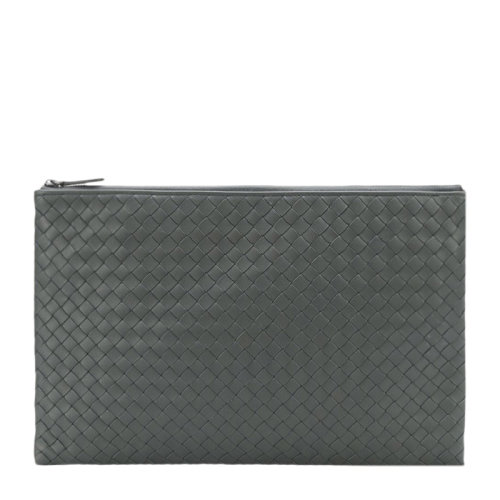 Bottega Veneta/葆蝶家 中性黑色羊皮編織大號拉鏈手拿包
