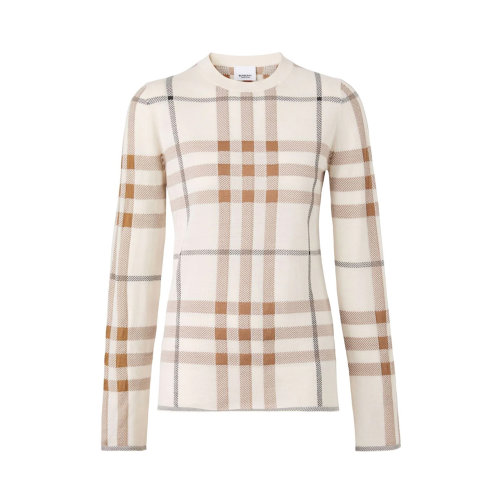 BURBERRY/博柏利 女士卡其色復古格紋羊毛混紡針織衫套頭衫 8052696