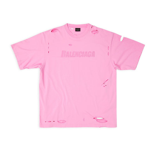 Balenciaga/巴黎世家 22年秋冬新款 女士粉色純棉飾有同色印花LOGO圖案撕裂效果設(shè)計(jì)圓領(lǐng)T恤651795TNVL15700