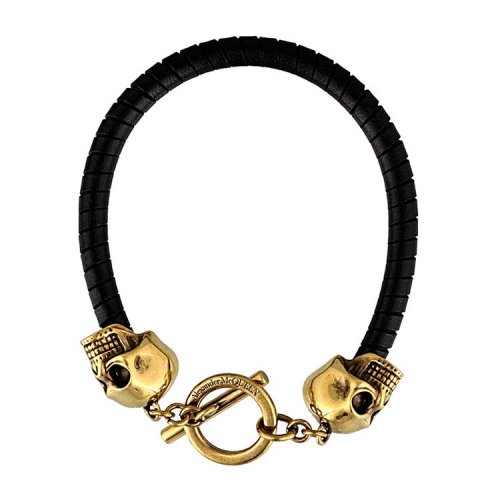 Alexander McQueen/亞歷山大麥昆 男士 黑色皮革骷髏頭時尚手鏈 554600J127G1000
