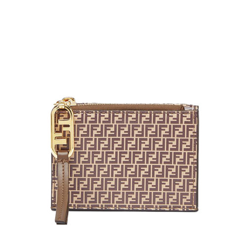 FENDI/芬迪 20  女士微型米色小牛皮棕色FF印花拉鏈三折錢包8M0462AHM1F1FNK