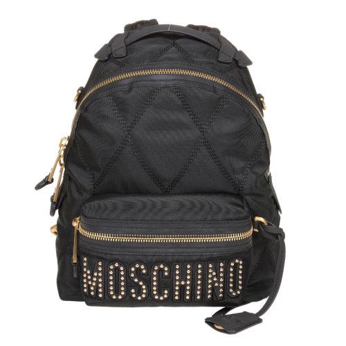 MOSCHINO/莫斯奇諾 女士黑色尼龍經典字母徽標裝飾拉鏈開合雙肩包手提包旅行包背包女包 B7606-8205-5555