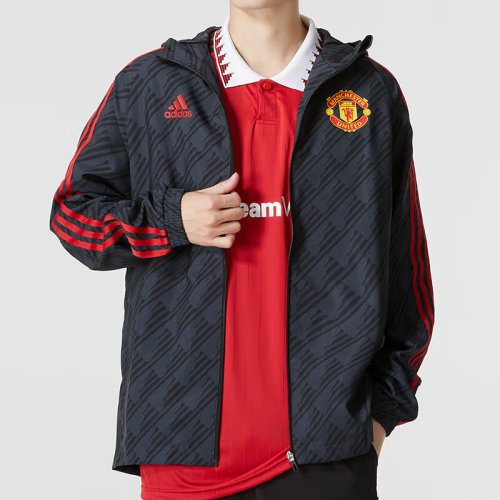 Adidas/阿迪達斯 22年秋冬 男款 曼聯 足球 運動 休閑 舒適 連帽 夾克 外套 HE6650