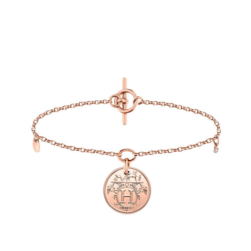 HERMES/愛馬仕 經典Hermès Ex-Libris系列 小號鑲鉆18K金玫瑰金環形扣圓形掛墜手鏈H120441B