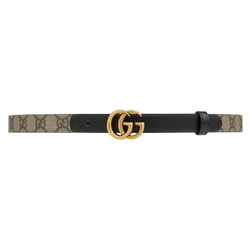 GUCCI/古馳 22年春夏新款 女士米色/烏木色老花印花帆布拼黑色皮革做舊金色雙G扣窄版腰帶20毫米40941792TLC9769