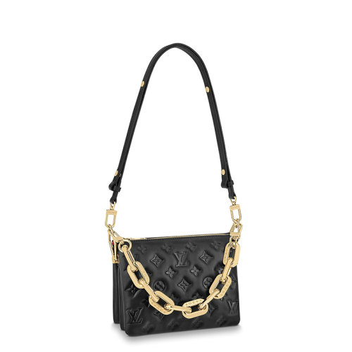 Louis Vuitton/路易威登 22春夏新款COUSSIN BB系列 女士黑色羊皮革老花壓印金鏈條配可拆卸肩帶單肩斜挎手提鏈條包M20574