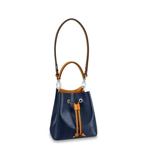 Louis Vuitton/路易威登 22春夏新款NEONOé BB系列 女士靛藍色水波紋粒面牛皮革飾藏紅花黃細節(jié)修飾銀扣配可拆卸肩帶單肩斜挎手提抽繩水桶包M53610