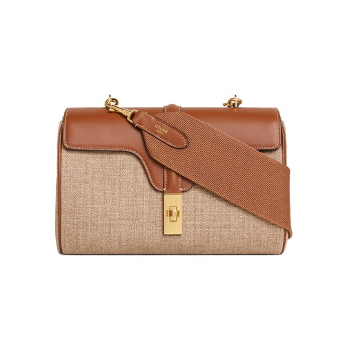 CELINE/賽琳 22新款16 TEEN系列 女士米色/棕褐色帆布/小牛皮金扣翻蓋開合扭鎖斜跨單肩包196852EFP.02ET