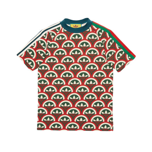 GUCCI/古馳 22年秋冬新款 adidas聯名系列 男士紅色/綠色棉質混紡聯名Logo老花印花短袖T恤???692114XJEMK6208
